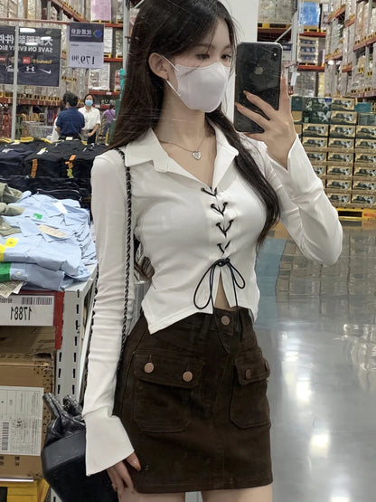 Lace Up Long Sleeve Korean Dongdaemun Youth Trend Shirts Blouses Autumn Basic Crop Shirt New White Black