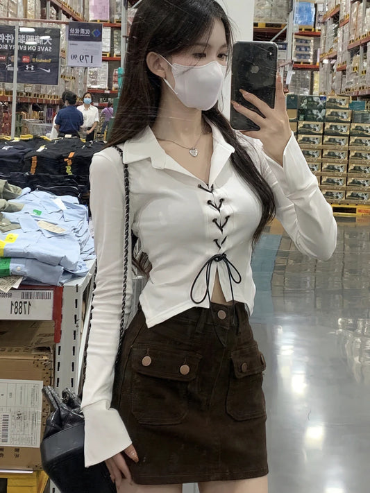 Lace Up Long Sleeve Korean Dongdaemun Youth Trend Shirts Blouses Autumn Basic Crop Shirt New White Black
