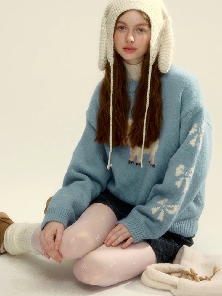Blue Sheep Pattern Ribbed Sweater Bow Graphic Long Sleeve Knitwear Oversized Korean Winter Cutecore Pullovers