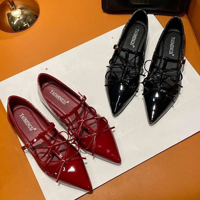 Pointed Toe Metal Buckle Bow T Strap Mary Jane Flats Banquet Dress Design Comfortable Single Shoes