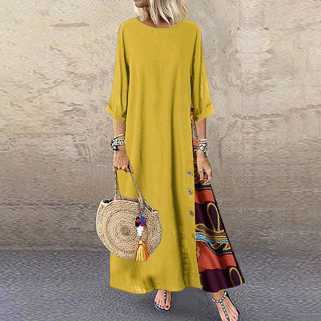 Cotton Linen Long Dresses Three Quarter Sleeves Splicing Print Loose A-line Dress Lady Maxi Vestido