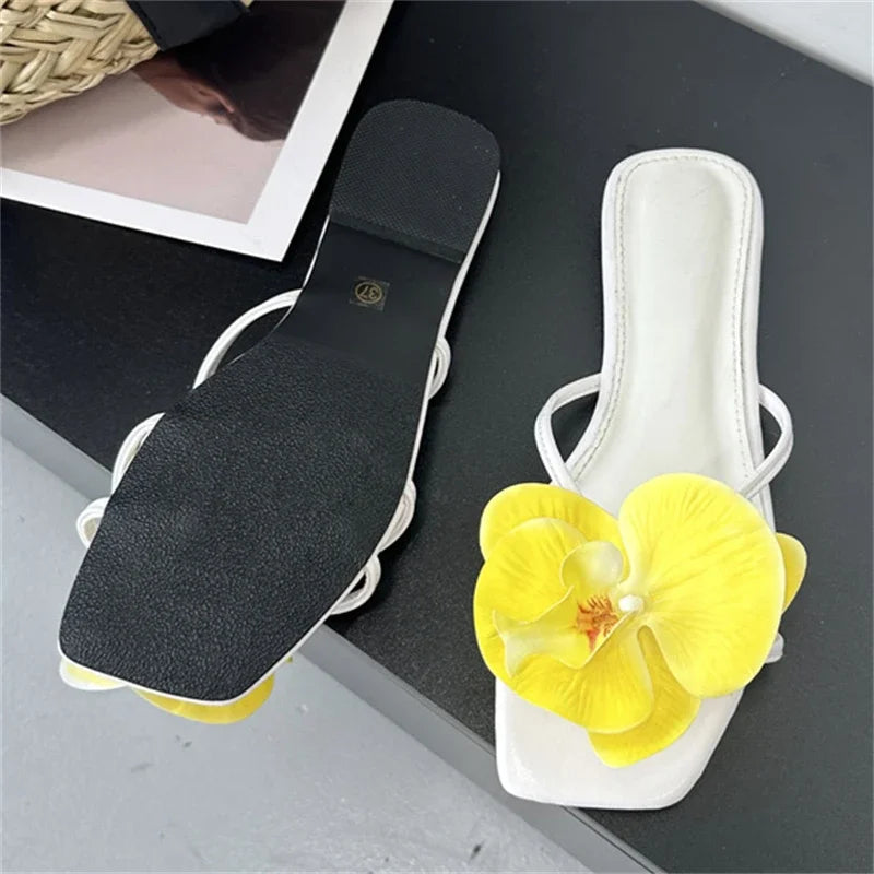 Summer Flower Narrown Band Low Heels Slippers Square Toe Beach Shoes Size 3543
