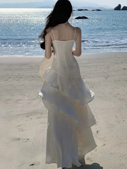 Ruffles Birthday Party Dresses Summer Irregular Spaghetti Strap Sleeveless Long Dress Slim Holiday Beach Vestidos