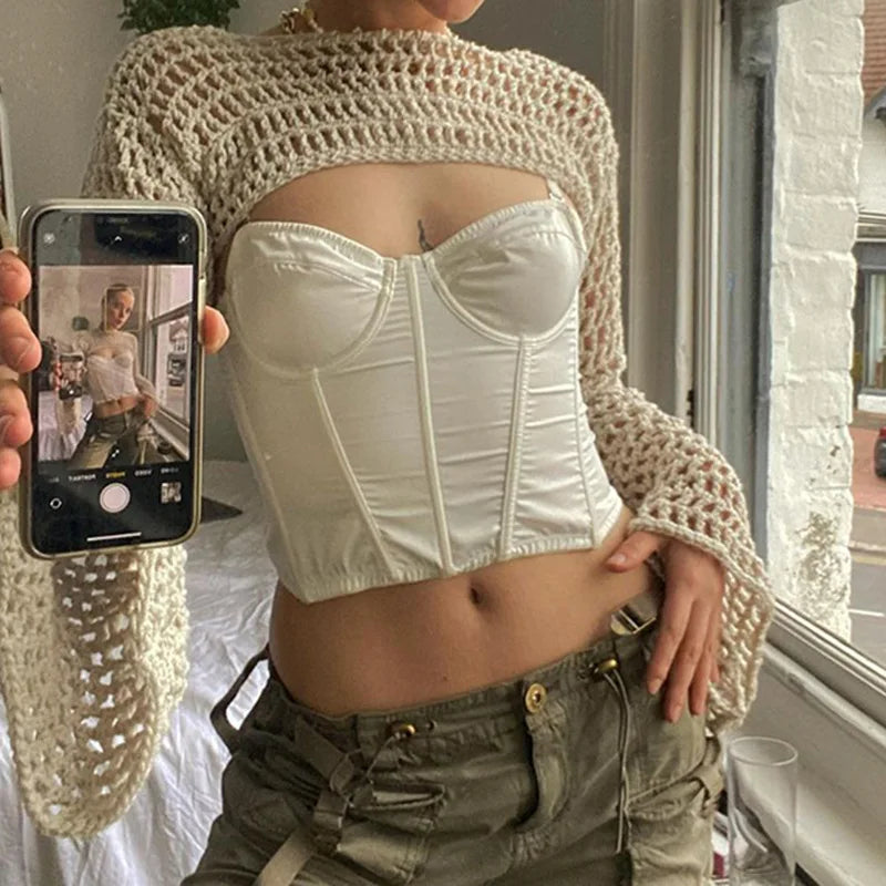 Short Knit Sweater Hollow Out Smock Crochet Crop Top Pullover Y2k Autumn Female Cloth