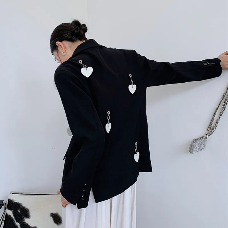Blazer Jacket Loose Pockets Female Heart Chain Loose Long Sleeve Work Suit Coat Office Lady Blazers
