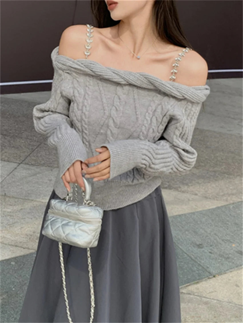 Knitted Slash Neck Sweaters Daily Knitted Pullovers Daily Sweet Off Shoulders Spring