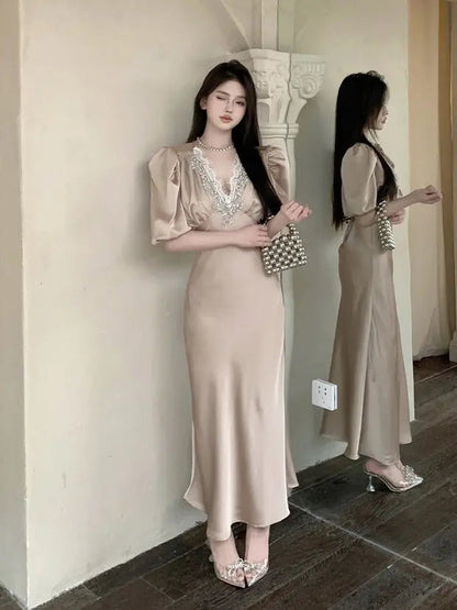 Summer Short Sleeve Lace Satin Vneck Maxi Dress French High End Waist Slimming Wrap Hip Evening Dress for