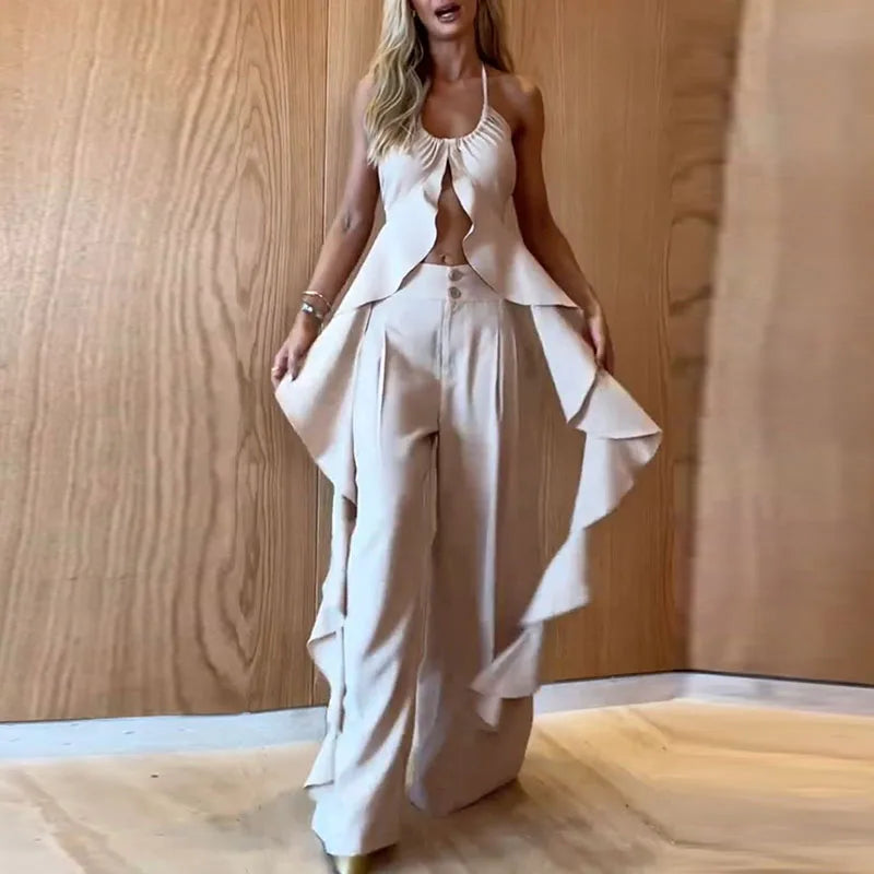 High Street Outfits New Hollow Design Backless Slim Suits Halter Ruffled Top With Long Pants 2 Piece Sets
