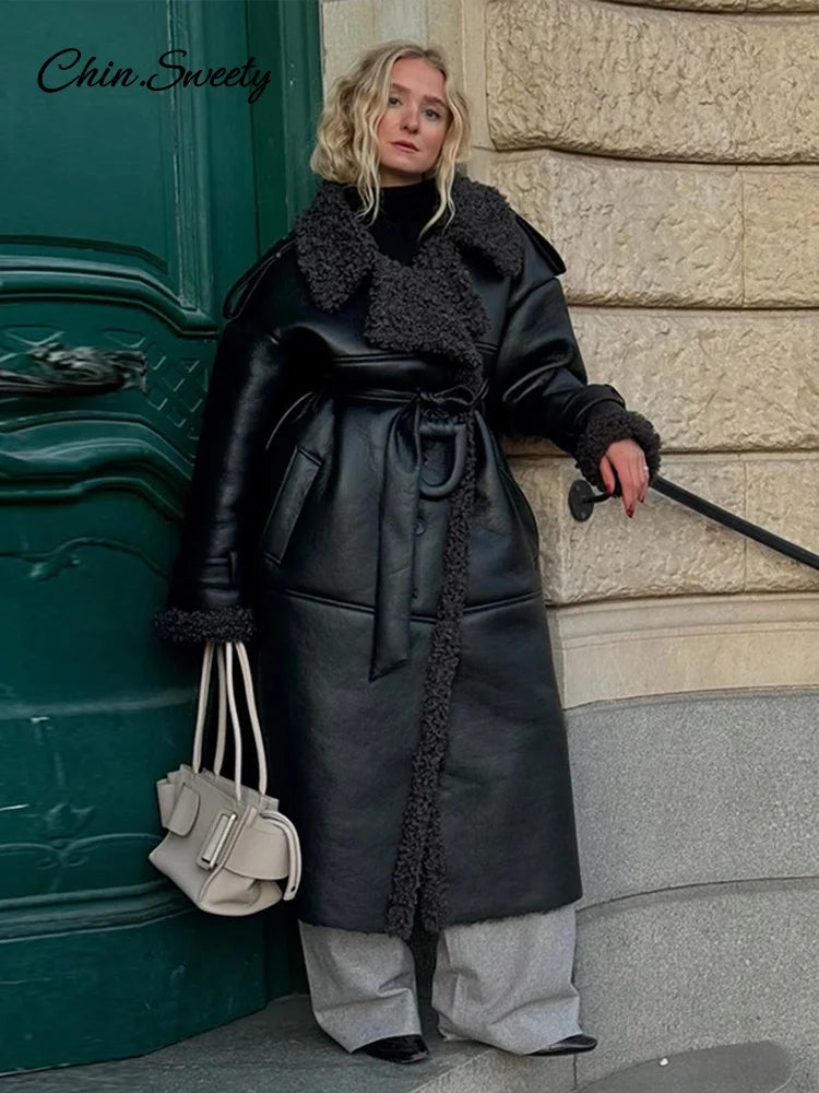 Lamb Wool Pu Leather Long Jacket With Belt Patchwork Lapel Pocket Oversize Overcoat Winter Warm Thick Outwear