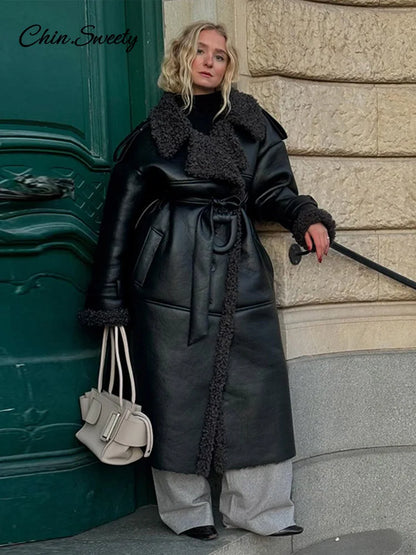 Lamb Wool Pu Leather Long Jacket With Belt Patchwork Lapel Pocket Oversize Overcoat Winter Warm Thick Outwear