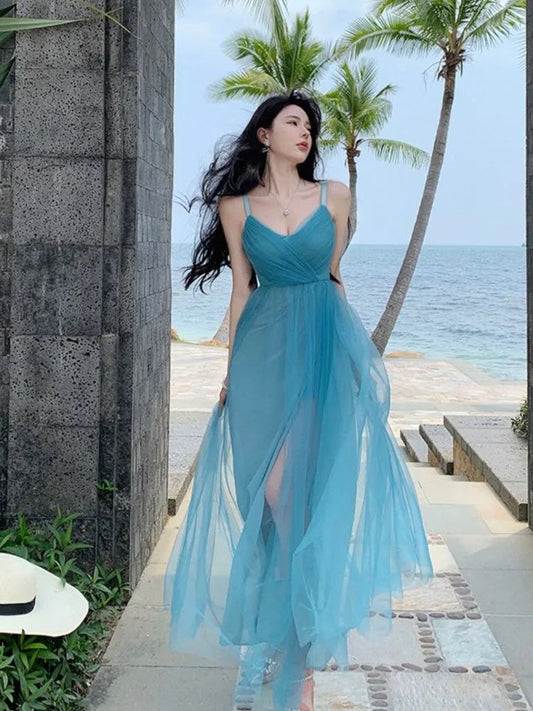 Beach Long Holiday Dress Blue Mesh Strap Vneck Split Maxi Dress Vestidos Elegantes Wedding Party Dresses Prom Dress