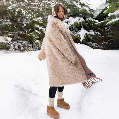 Exclusive Long Faux Fur Parka Coat Winter Thick Warm Fluffy Eco Lamb Fur Teddy Jacket Overcoat