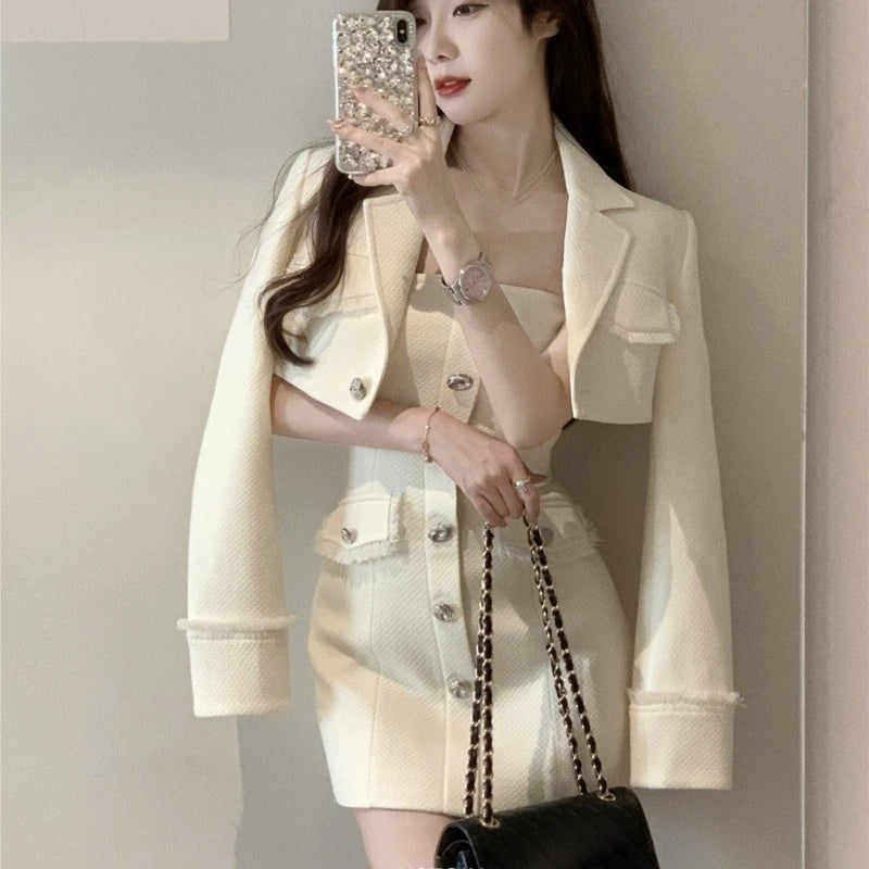 Autumn New Tweed Two-piece Set Long Sleeve Short Jacket Strapless Bodycon Mini Dress Korean Outfits