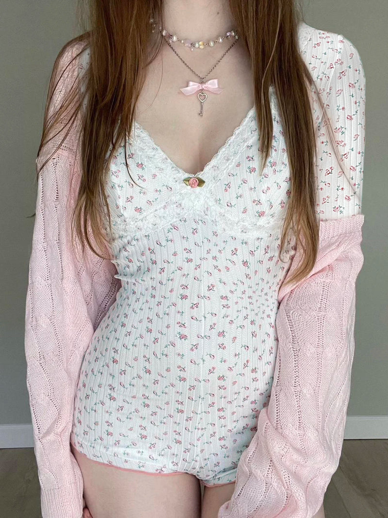 Sweet Fairy Gentle Playsuit Print Lace Trim V-neck Long Sleeve Korean Style Rompers