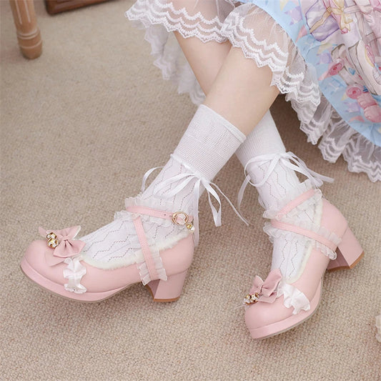 Lolita Pumps Round Toe Thick Mid Heels Cross Strap Buckle Bow Kawaii Cosplay Shoes Winter Beige 46