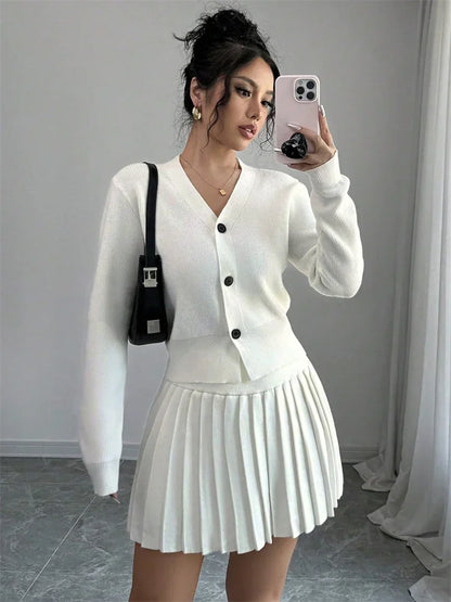 Female Knit 2 Piece-set Pleated Skirts Ribbed Cardigan Sweater and Skirt Sets Female Knitwear Outfits