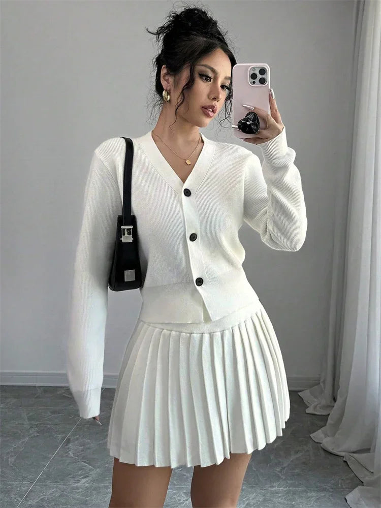Female Knit 2 Piece-set Pleated Skirts Ribbed Cardigan Sweater and Skirt Sets Female Knitwear Outfits