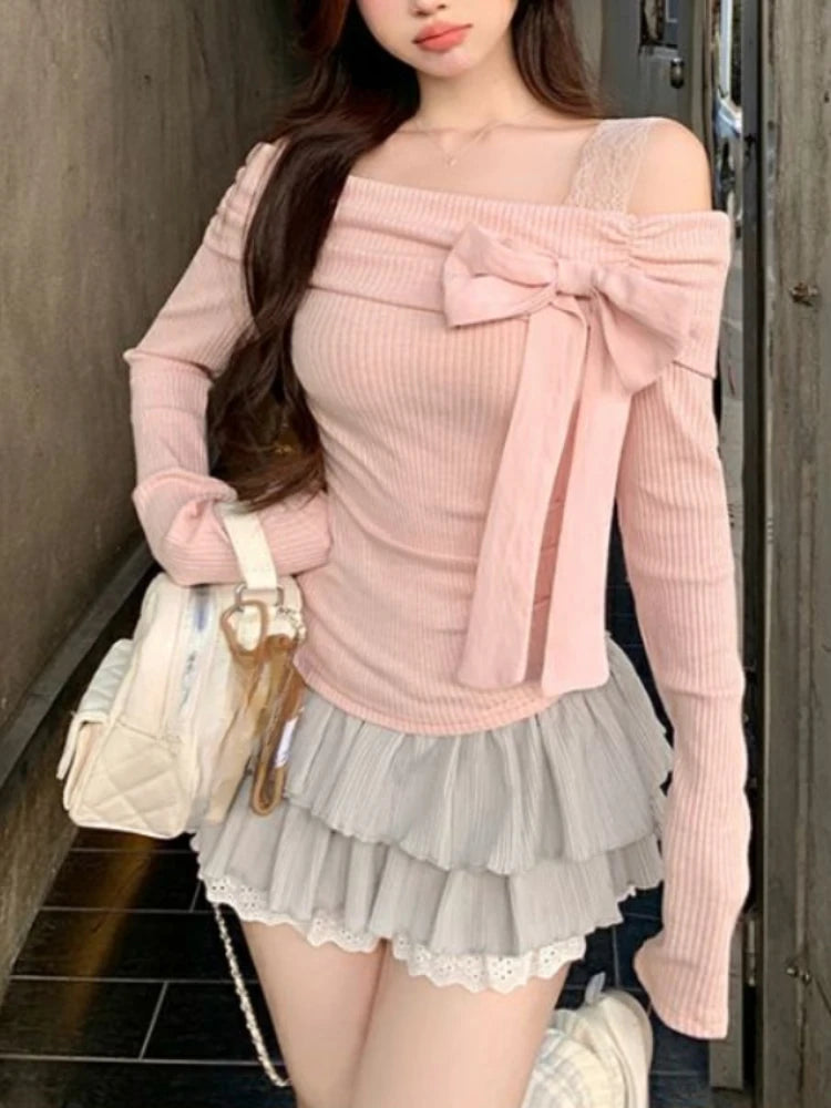 Knitted Sweater Sweet Bow Off Shoulder Slash Neck Patchwork Autumn Winter Pullover Basic Crop Tops