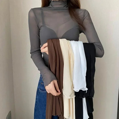 Spring Summer Long Sleeve Black Mesh Top Blouses Transparent Punk Clubwear Shirt Tees Beach Tops Bottom Tops