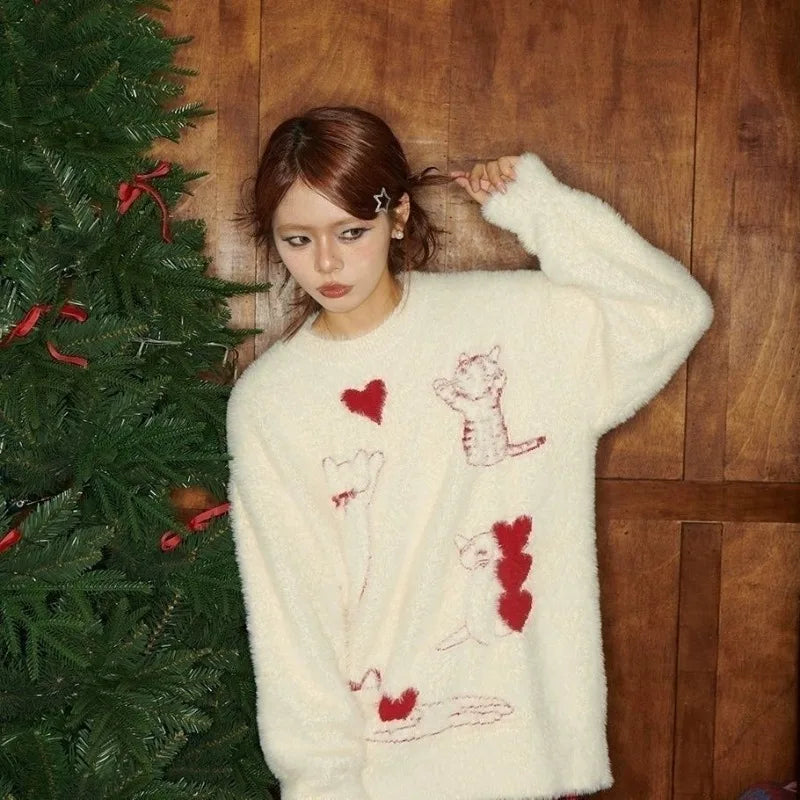 Sweet College Style Pullovers Jacquard Cat Sweater Jumper New Winter Agereducing Loose Knit Top