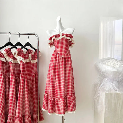 Sweet Gentle Dresses Waist Slimming Plaid Long Dress Vestidos Summer New French Design Slimming Skirt
