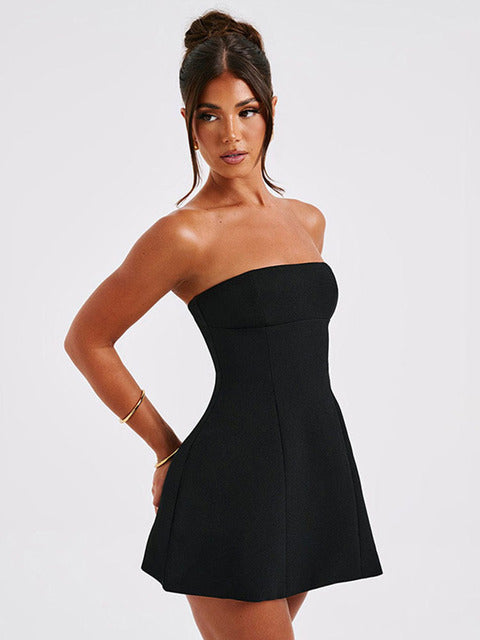 Summer White Mini Dress Female High Waist Patchwork Bandeau Backless Slim Party Dress Gown Dress New