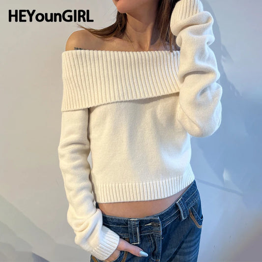 Color Off Shoulder Sweater Minimalism Long Sleeve Knitted Jumper Winter Pullovers Street