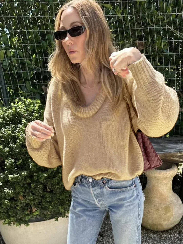 Autumn Knit Sweater Pullover Loose Female Patchwork Scoop Neck Striped Long Sleeve Knitwear Y2k Top Pullover