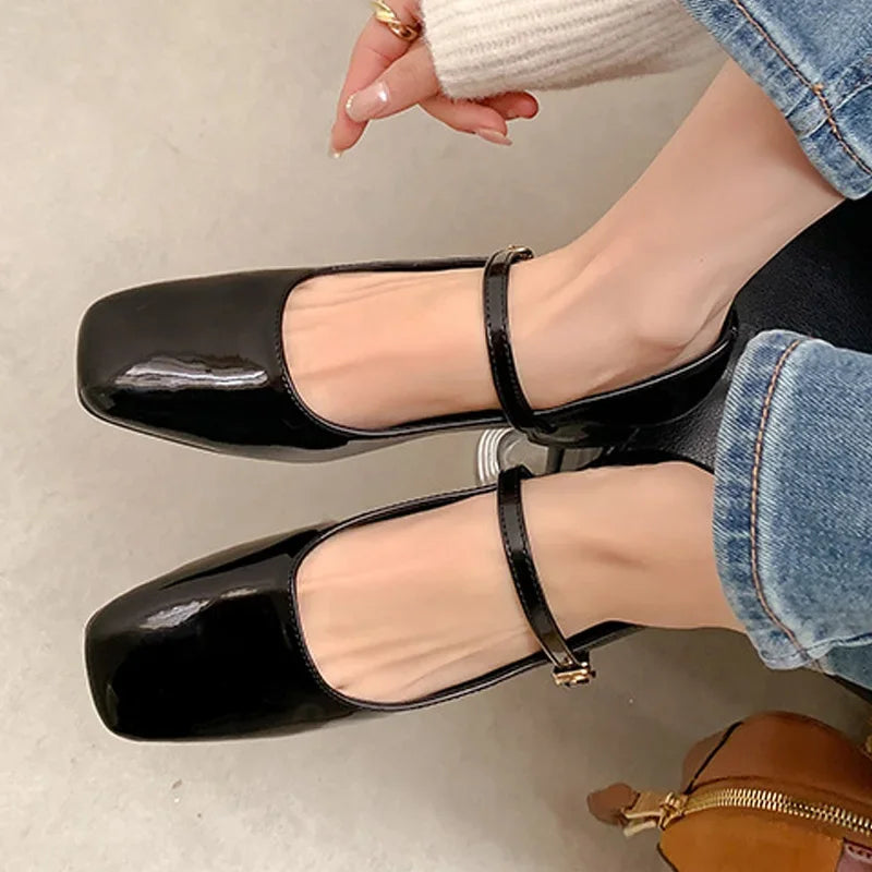 Spring Patent Leather Square Toe Buckle Strap Pumps Sandals Low Heels Party Dress Shoes