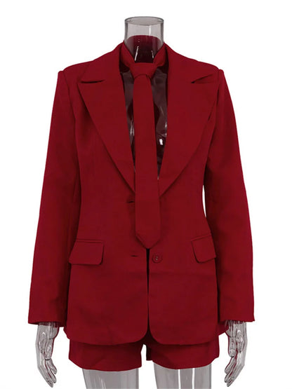 Female 2 Piece-set Neckties Suit Pocket Outwear and High Waist Shorts Sets Commute Clothes ’s Outfits Autumn