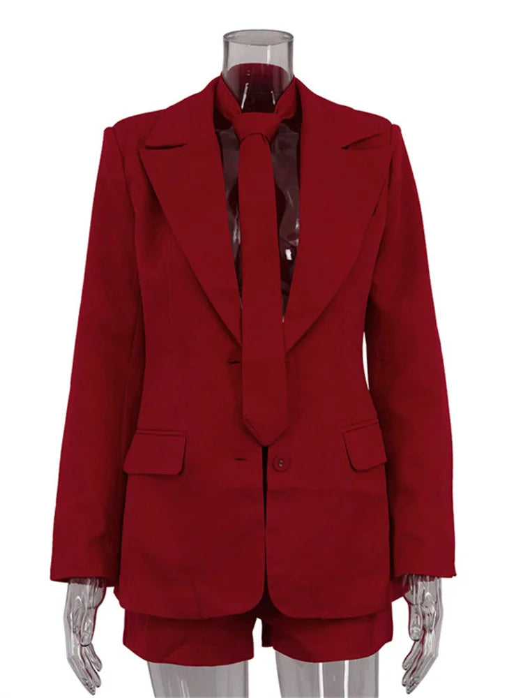 Female 2 Piece-set Neckties Suit Pocket Outwear and High Waist Shorts Sets Commute Clothes ’s Outfits Autumn