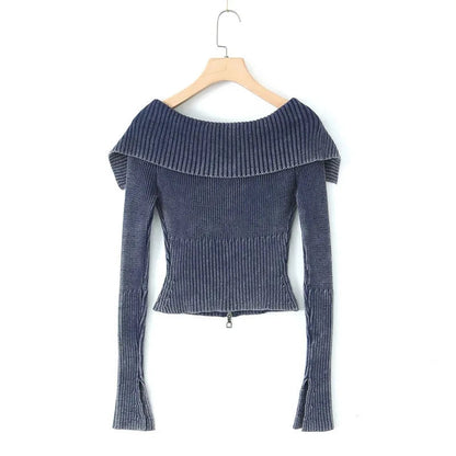 Knitted Cardigan Big Lapel Off Shoulder Full Sleeve Midriffbaring Sweater Female Autumn New