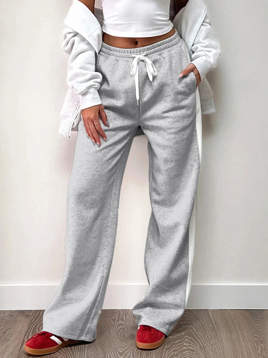 Gray Drawstring Elastic High Waist Sweatpants Side Stripe Contrast Patchwork Black Loose Jogging Track Pants