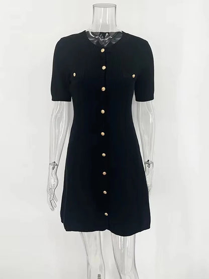 White Knitted Mini Dress for Metal Button Slim Rib Sweater Dress Holiday Party Outfits Autumn New