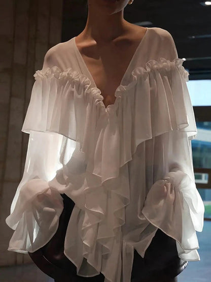 Pleated Layered Deep V-neck Pullover Blouse