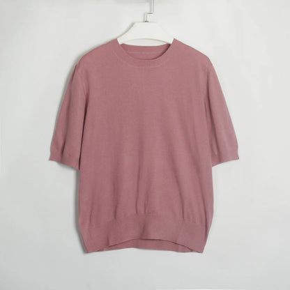 Summer Knitted Tshirt Short Sleeve Oneck Slim White Sweater Female Pullovers Knitwear