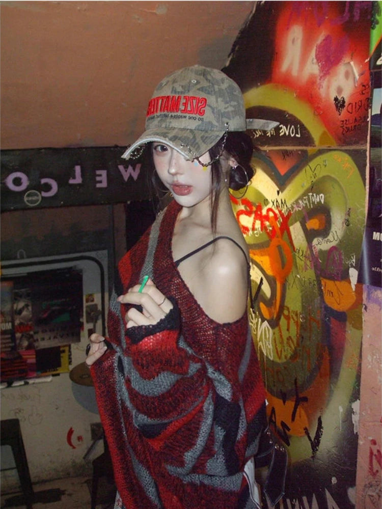 Grunge Y2k Striped Sweaters Hollow Out Ripped Long Sleeve Knitted Pullovers Off Shoulder