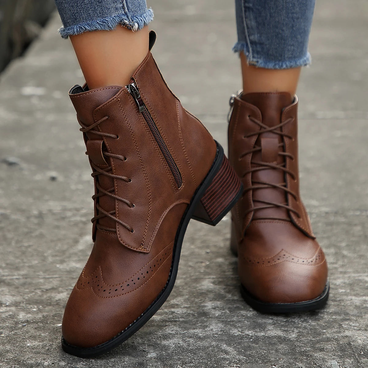 Square Head Splice Lace Up Versatile Autumn Winter Square Med Heel Ankle Boots Lace Up Zipper Pumps Leather Shoes