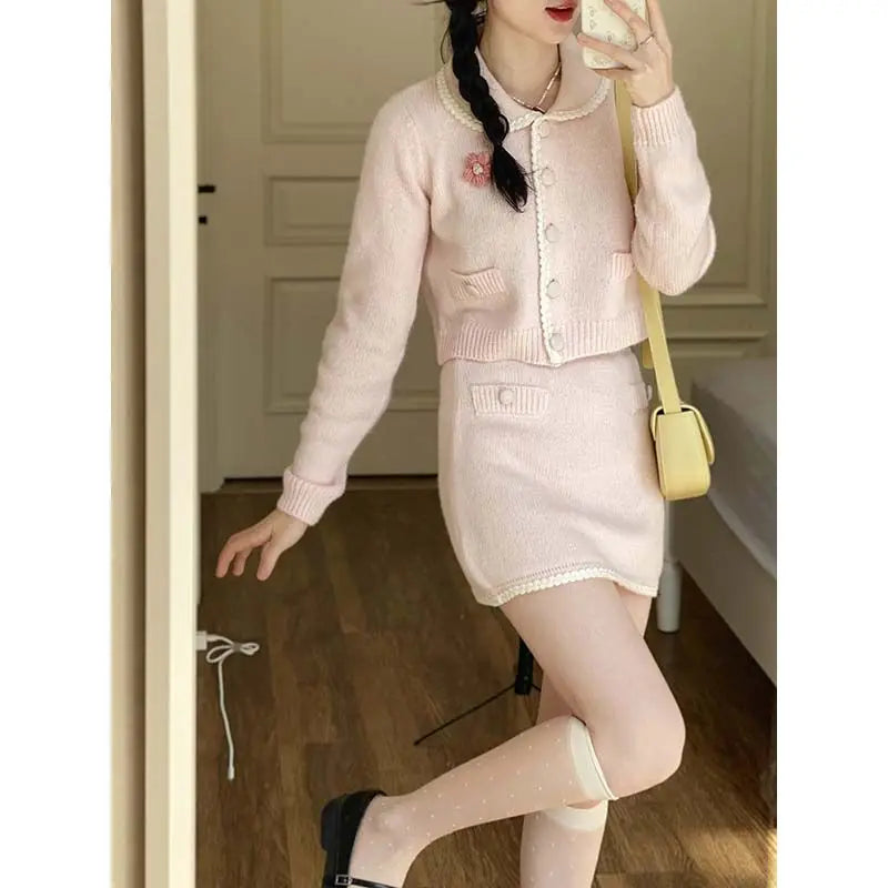 Sweet Hot Girl Suit Autumn Turndown Collar Knitted Cardigan High Waist Wrap Hip Skirt Twopiece Set Female Clothes