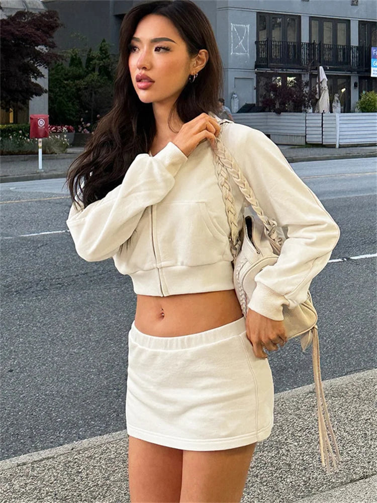 Autumn Hoodie 2 Piece-set Skirt Female Cropped Zipper Cardigan Top and Skirt Sets Tracksuit ’s Outfits