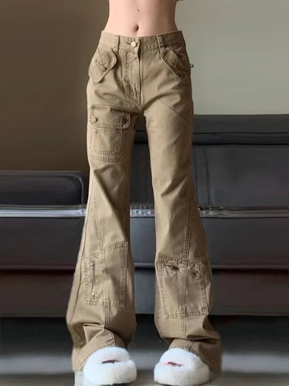 Khaki Denim Cargo Pants Y2k Hip Hop Retro Baggy Low Waist Korean Boot Cut Jeans Harajuku Causal Trouser