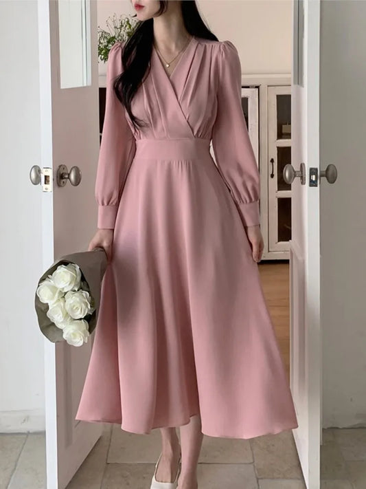 Korean Autumn Midi Dresses for Long Sleeves V-neck A-line Dress Office Lady Clothing New