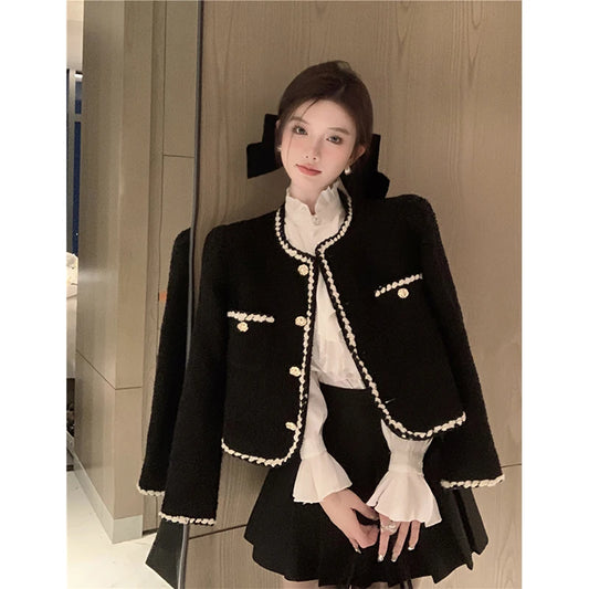 Tweed Jackets Black Cropped Suit Coat Korean Thicken Blazer Single Breasted Short Outerwear Tops New