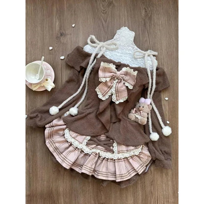 2000s Y2k Suits Retro Brown Crop Tops Sweater + Mini Skirt Japanese Kawaii 2 Piece Sets Korean Party Clothing