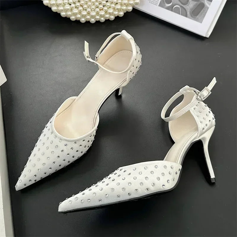Rhinestone Pumps Pointed Toe Thin High Heels Ankle Strap Buckle Heeled Sandals Banquet Dress Shoes