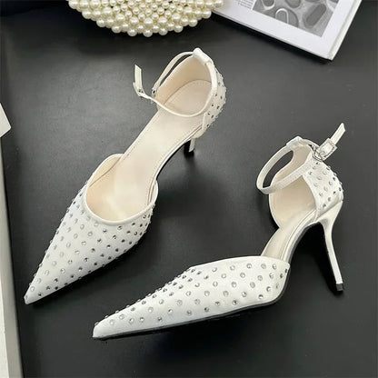Rhinestone Pumps Pointed Toe Thin High Heels Ankle Strap Buckle Heeled Sandals Banquet Dress Shoes