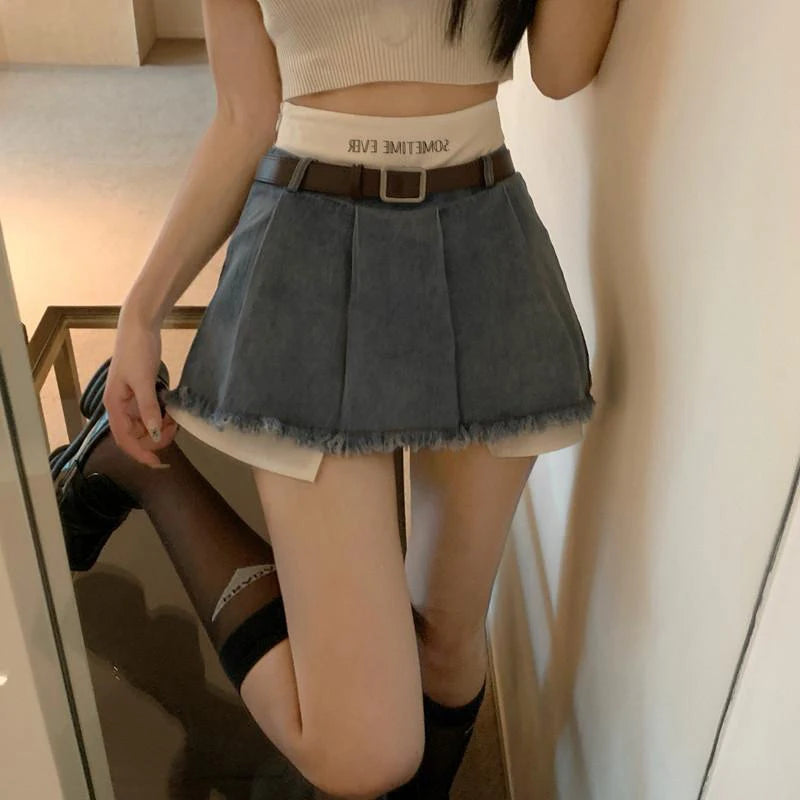 High Waist Denim Skirts Summer Korean Patchwork Mini Skirts Female Tassels Jeans Skirts