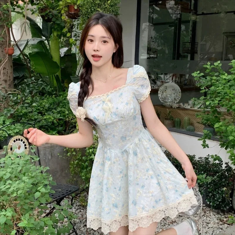 French Style Dresses Puff Sleeve Summer Vestidos Mujer Square Neck Long Dress