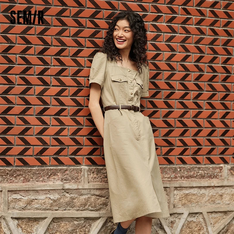 Dress Square Neck Split Midi Dress Summer New Salt-washed Utility Dress With Vibes