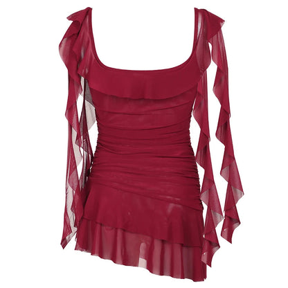 Aline Asymmetrical Tiered Mini Dress Coquette Aesthetic Ruffle Square Collar Layered Dresses Party